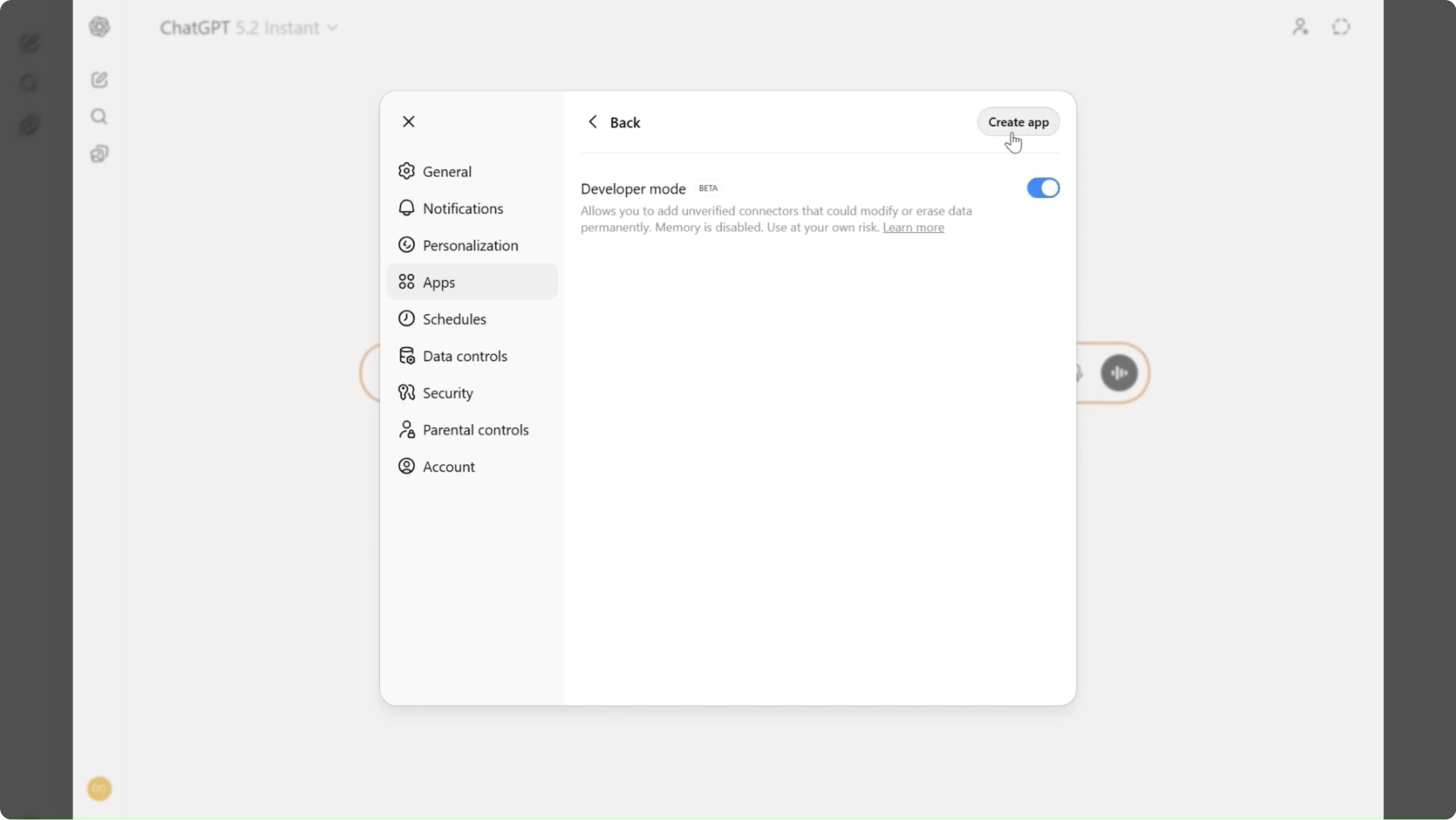 Create New App Button